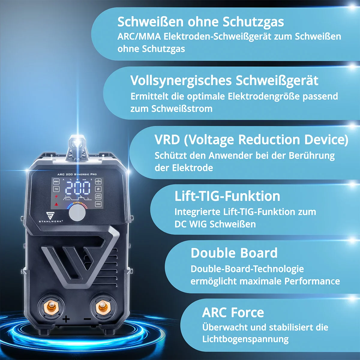 STAHLWERK ARC 200 Synergic Pro Vollausstattung Elektroden-Schweißgerät, vollsynergischer MMA | E-Hand | Lift-TIG Inverter mit 200 Ampere und IGBT Technologie - Image 3