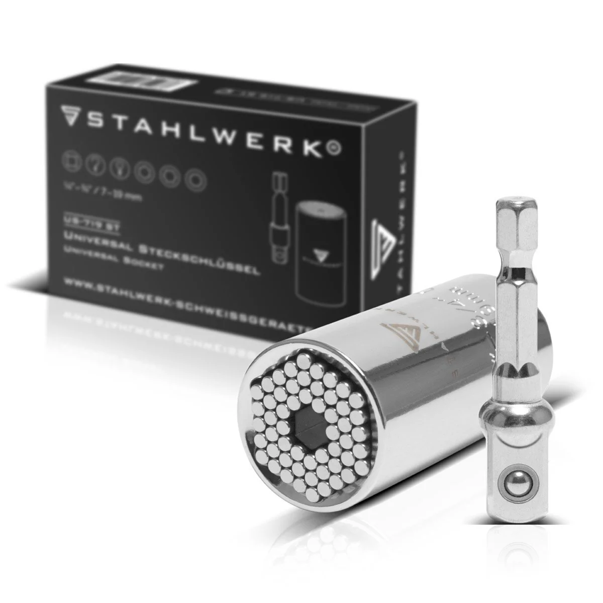 STAHLWERK Universal-Steckschlüssel 7-19 mm Multifunktionsnuss für 3/8" Ratschen inklusive Adapter für Akku-und Elektrobohrmaschinen - Image 3