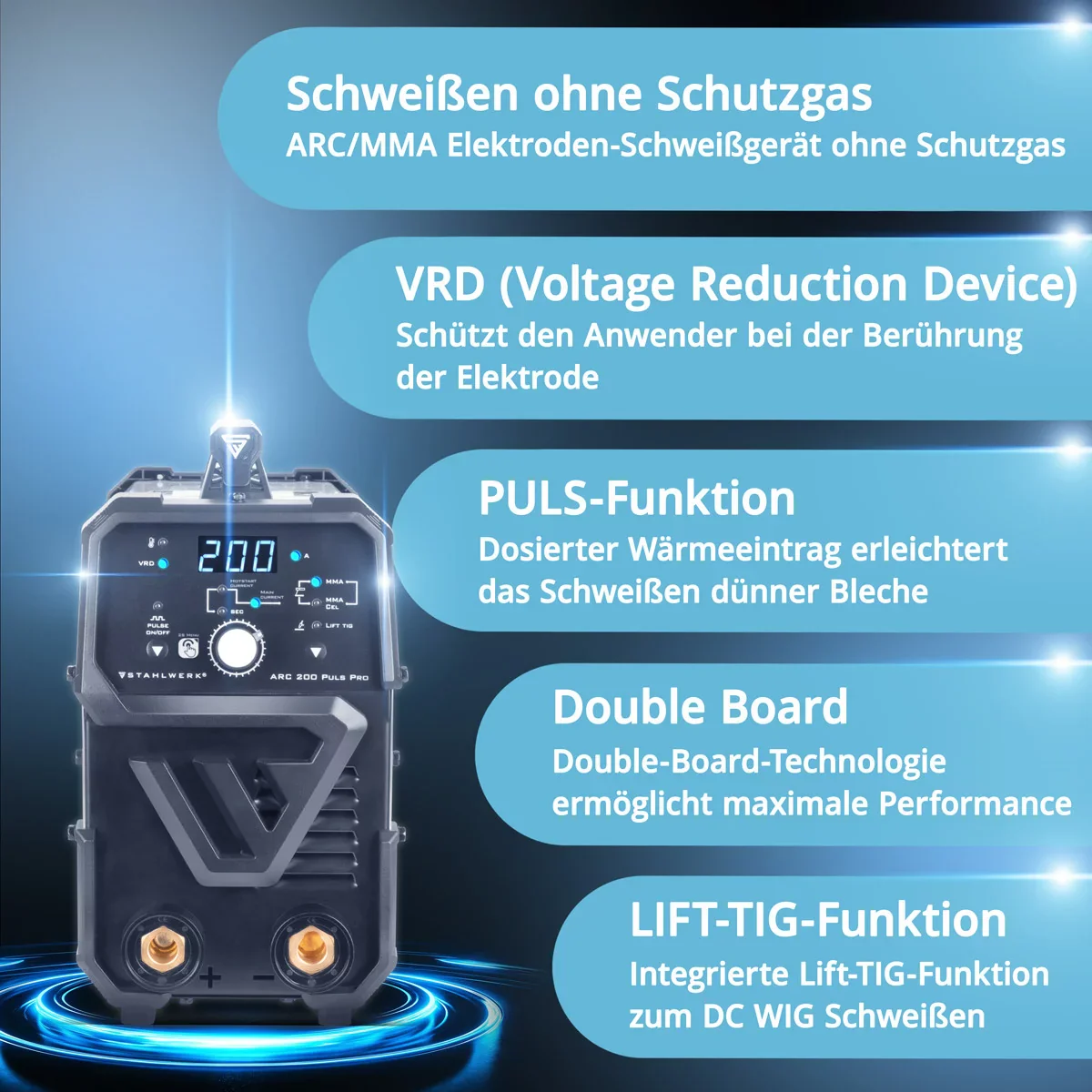 STAHLWERK ARC 200 Puls Pro Vollausstattung Elektroden-Schweißgerät, kompakter MMA | E-Hand | Lift-TIG Inverter mit 200 Ampere, IGBT Technologie und Puls-Funktion - Image 4