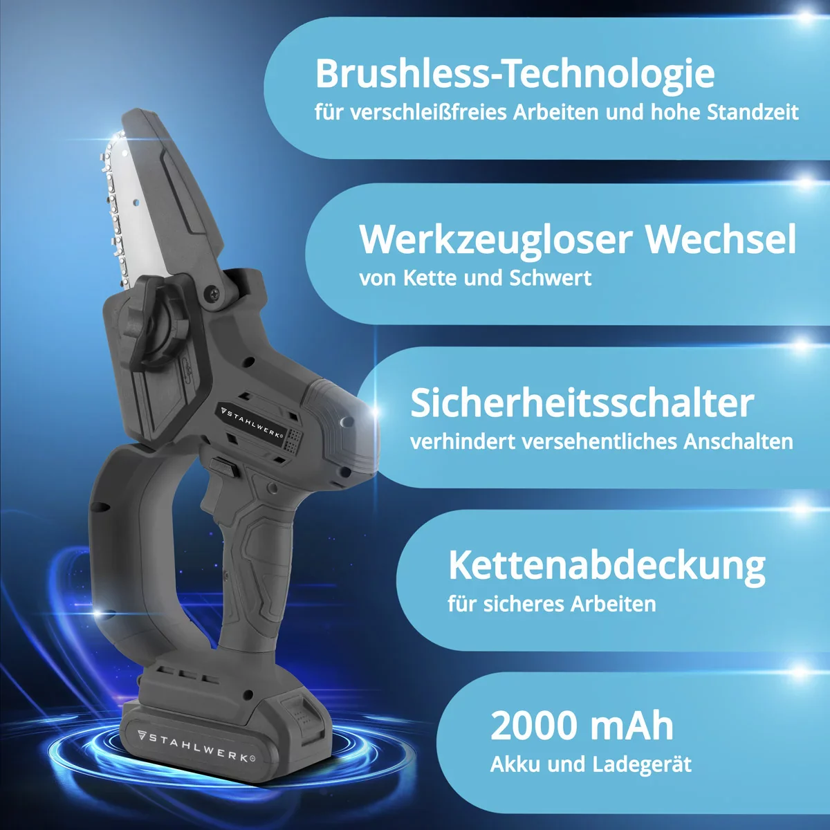 STAHLWERK Mini-Akku-Kettensäge MAK-20 ST mit 2000 mAh Akku | Leistungsstarke Handkettensäge zum Schneiden von Holz aller Art | Elektrische Motorsäge mit Brushless-Technologie | Kompakte Akku-Säge - Image 4