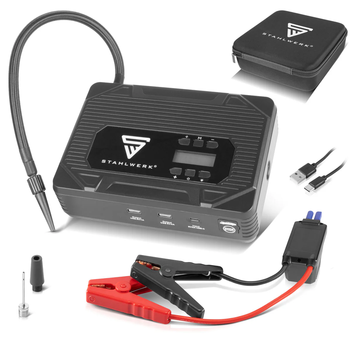 STAHLWERK PB-1400 ST | Powerbank Starthilfe 400 A, 14.000 mAh | Für Benzin- und Dieselmotoren | Mobiler Kompressor mit 3,5 bar Arbeitsdruck und LED-Leuchte | USB-Ladegerät und Starthilfe in einem - Image 3